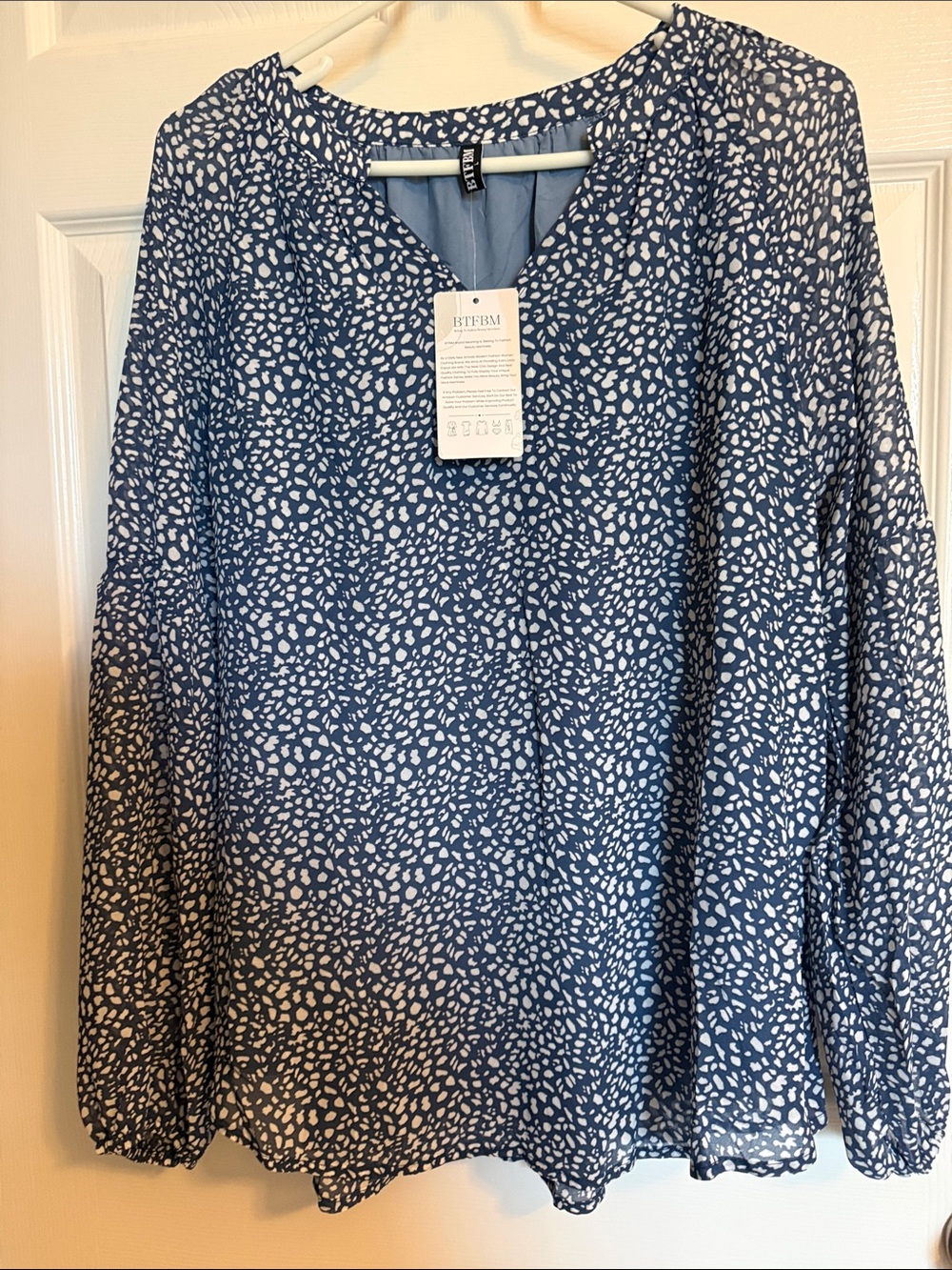 BTFBM Blue Printed Long-Sleeve V-Neck Blouse